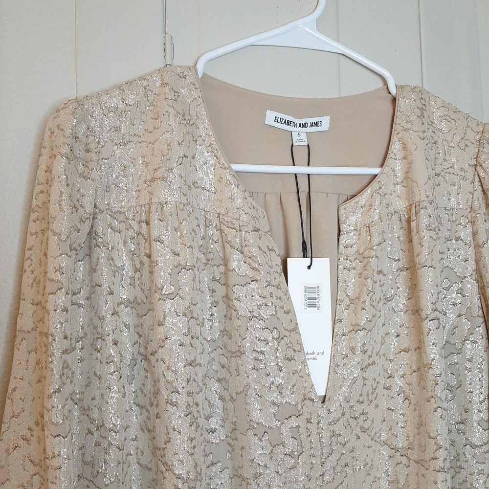 NEW Elizabeth & James Dress Beige Women Size 6 Sparkle Shift Dress LS $425 Silk - Picture 6 of 13
